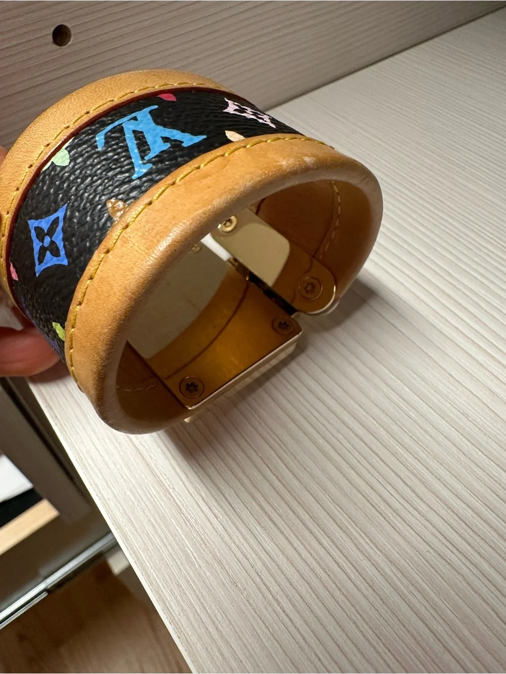 Louis Vuitton Tan and Brown Leather Cuff Bracelet with Gold Lockplate